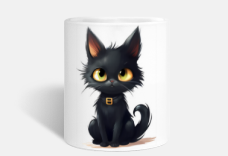 ceramic mug, halloween vintage black cat too cute, cartoon type drawing,