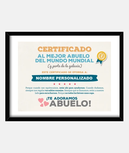 Cuadro Certificado al Mejor Abuelo del Mundo (NOMBRE PERSONALIZADO) **LEER DESCRIPCIÓN**