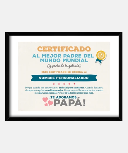 Cuadro Certificado al Mejor Padre del Mundo (NOMBRE PERSONALIZADO) **LEER DESCRIPCIÓN**