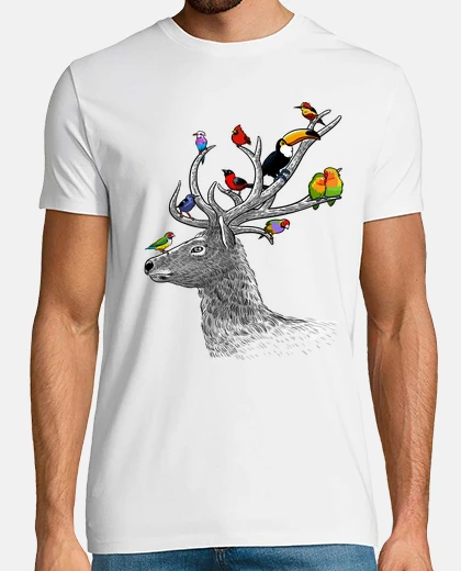 T-shirt cervo con uccelli tropicali