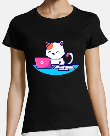 Tee-shirt chat avec son laptop