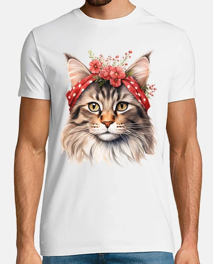 Tee-shirt chat bandana maine coon chatte fleurs
