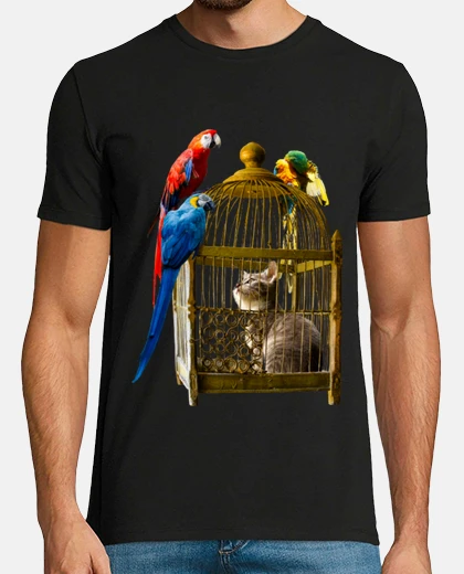 Tee-shirt chat dans une cage et perroquets