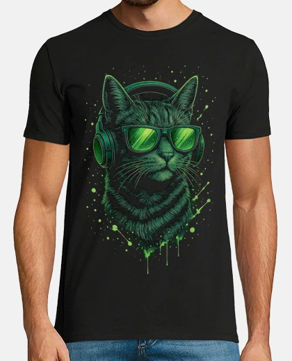 Tee-shirt Chat DJ avec lunettes de soleil et casq