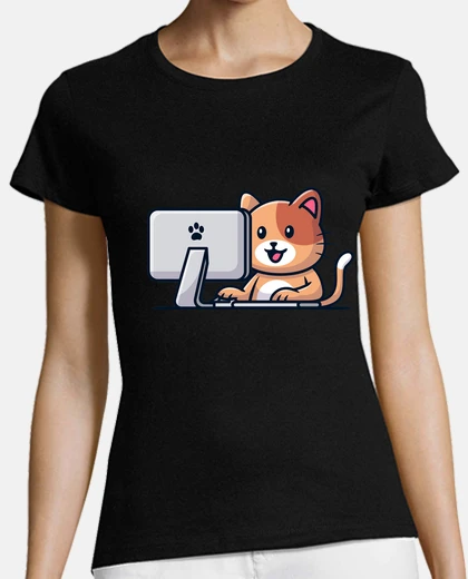 Tee-shirt chat et son ordinateur