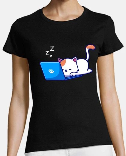 Tee-shirt chat fait la sieste sur son laptop