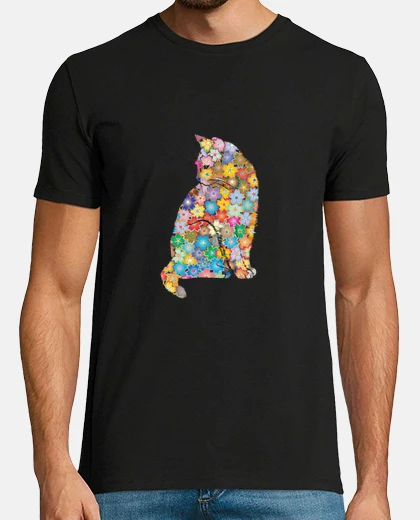 Tee-shirt chat fleurs façon puzzle romantique