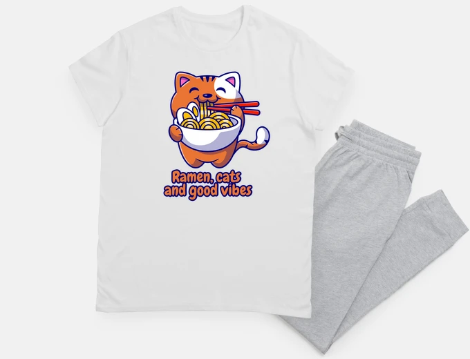 Pyjama chat kawaii mangeant des ramen