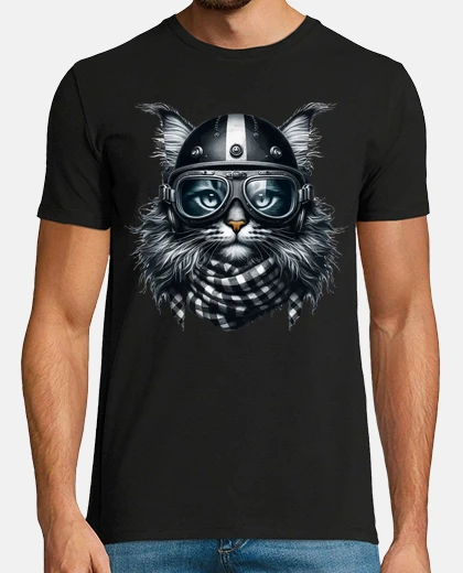 Tee-shirt chat maine coon motard dans un casque c