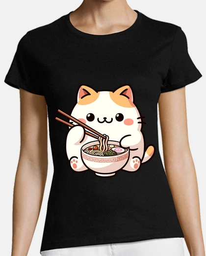 Tee-shirt chat neko mangeant des nouilles ramen a