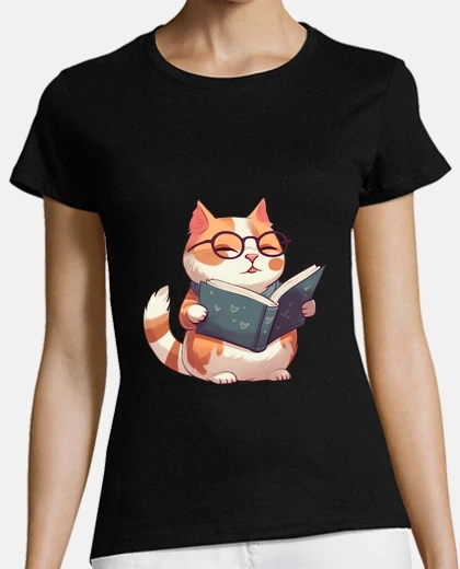 Tee-shirt chat qui lit un livre avec des lunettes