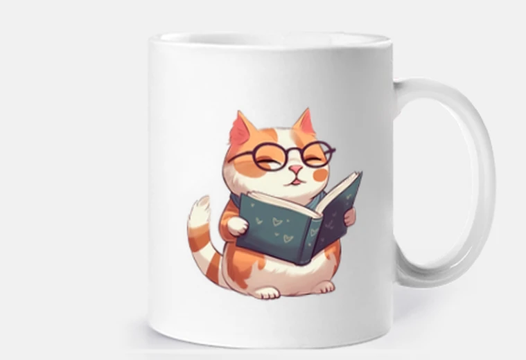 Mug chat qui lit un livre avec des lunettes