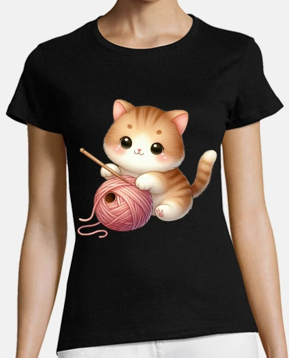 Tee-shirt chat qui tricote mignon
