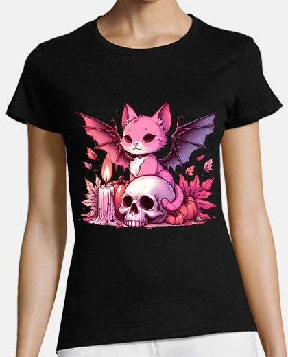Tee-shirt chat vampire gothique rose pastel kawai