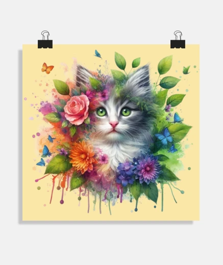 Poster chaton couronne de fleurs roses poster salon chambre bureau studio affiche stand 