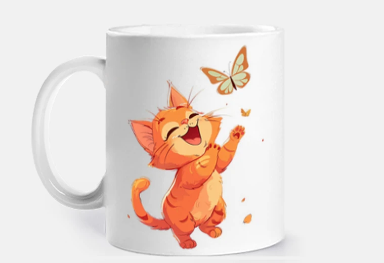Mug chaton roux qui joue avec des papillons tasse personnalisable café thé croissants maté tisane infusi