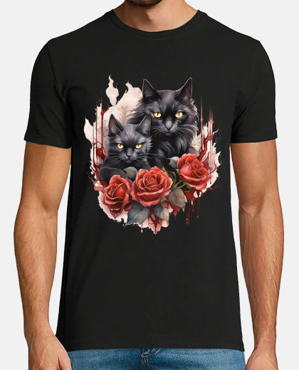 Tee-shirt chats noirs gothiques avec roses