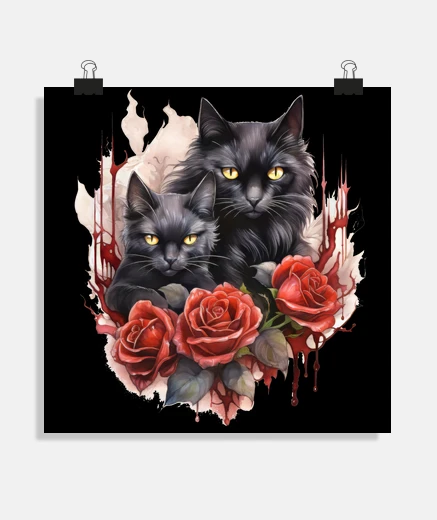 Poster chats noirs gothiques avec roses poster bureau salon boutique studio stand affiche 