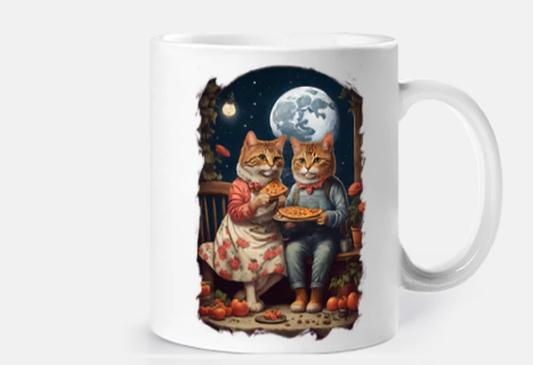 Mug chats roux clair de lune mangent pizza tasse thé café croissants 