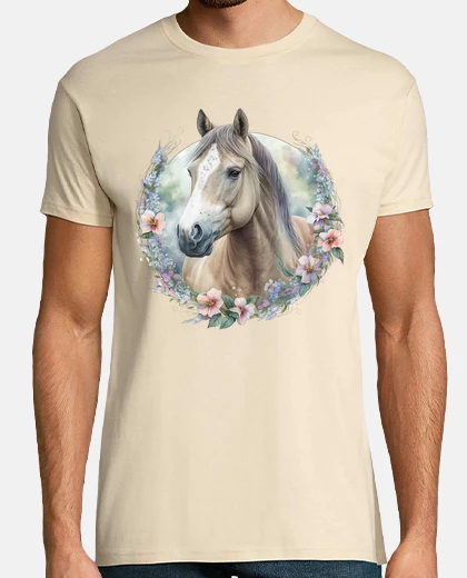 Tee-shirt cheval étalon fleurs de volubilis boho  Chantilly écurie 
