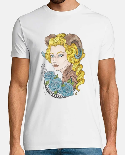 Camiseta chica con cuernos y rosas azules