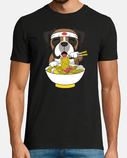 Tee-shirt chien boxer manger ramen