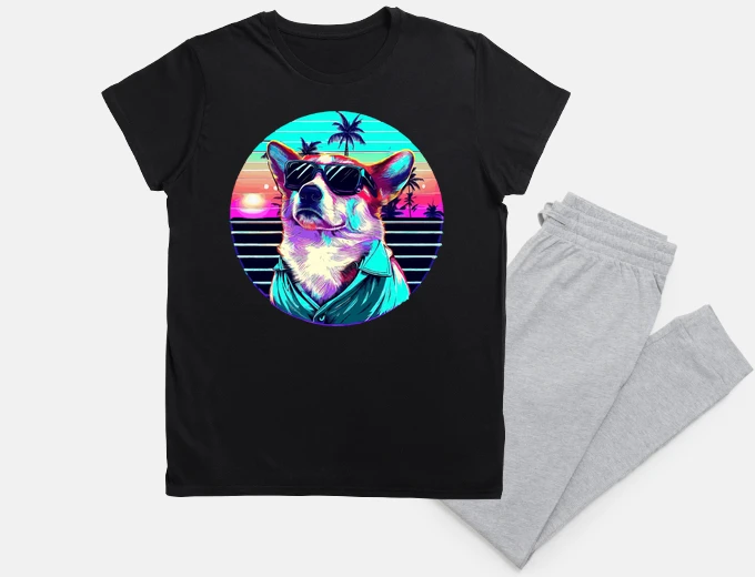 Pyjama chien corgi drôle vaporwave rétro