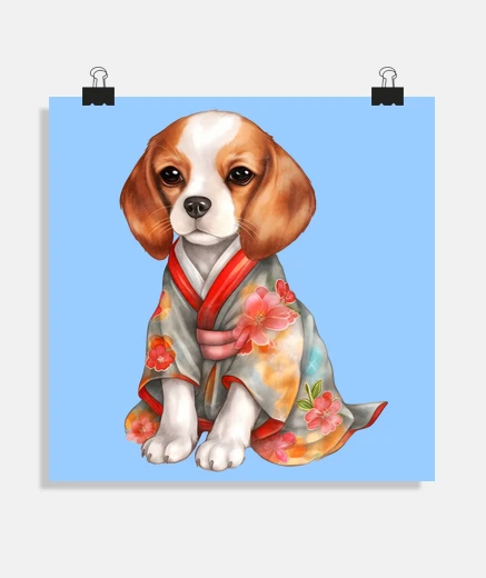 Poster chiot beagle , bébé , avec un kimono,poster , décoration , 