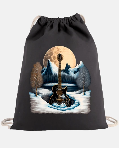 Borsa chitarra acustica, musica, flamenco, notte di luna piena sulla montagna innevata