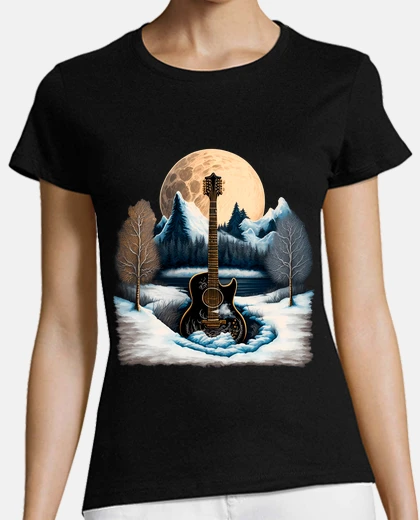T-shirt chitarra acustica, musica, flamenco, notte di luna piena sulla montagna innevata
