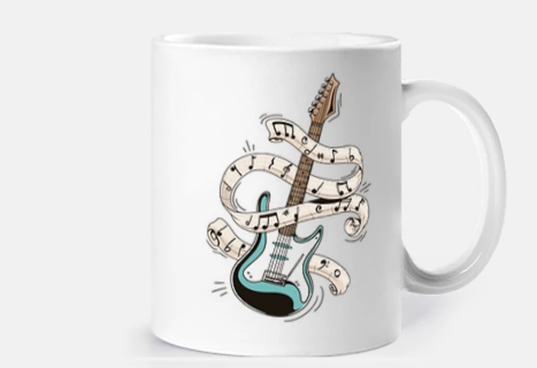 Tazza chitarra rock con spartiti pop, raro disegno di artista pop rock, grunge