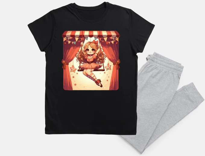 Pyjama Circus girl give show on flying trapeze