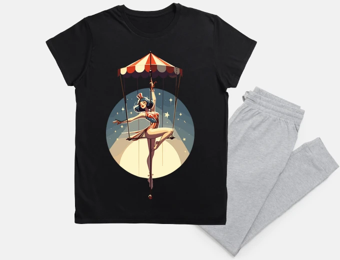 Pyjama Circus girl give show on flying trapeze