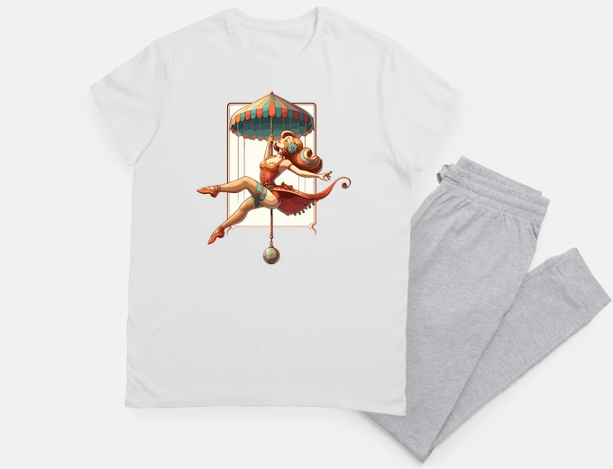 Pyjama Circus girl give show on flying trapeze