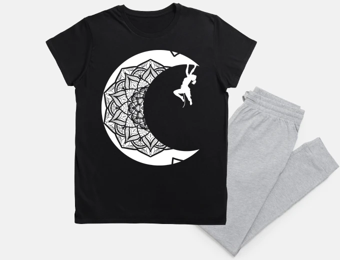 Pyjama climbing woman on the moon
