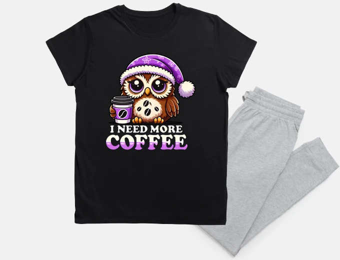 Pajama Coffee Loving Owl in Santa Hat - Need M