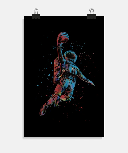 Poster colorful astronaut playing basketball