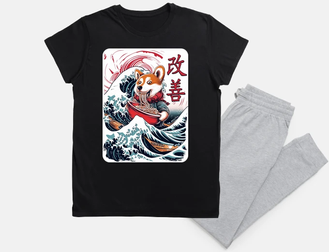 Pajama corgi eating noodles great wave kanagaw