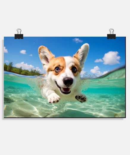 Poster Corgi Pet Dog Animal Fun Playing Water