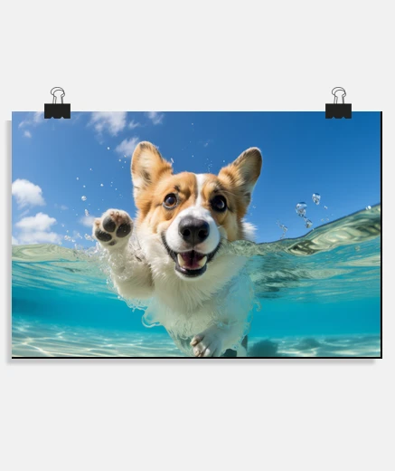 Poster Corgi Pet Dog Animal Fun Playing Water