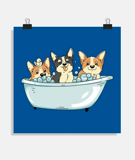 Poster corgi troppo carino che fa il bagno, decorazione della cameretta dei bambini che ama i corgi