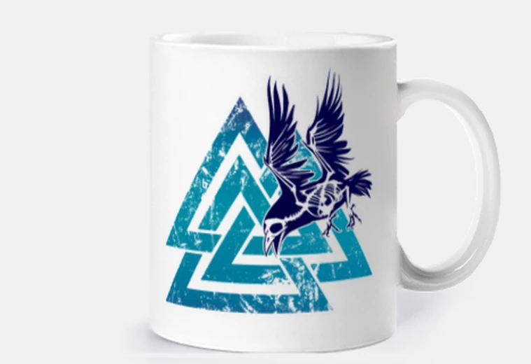 Tazza corvo scheletro e vichinghi valknut