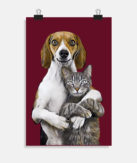 Poster couple chien chat heureux vintage poster décoration 