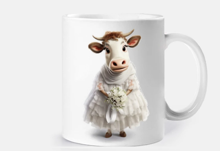 Cup cow as a bride vintage butcher shop retro funny cup coffee tea wedding croissants infusion herbal te