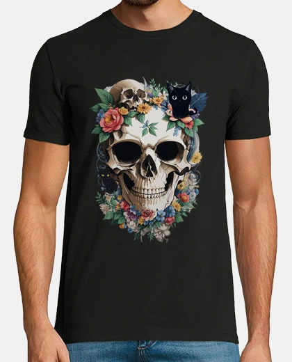 Tee-shirt crâne avec des fleurs et des chats