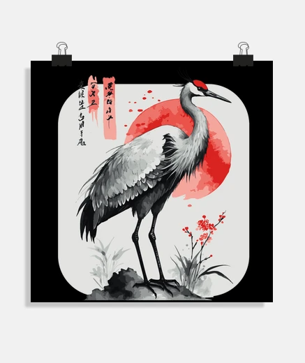Poster crane ink wash of japan flag poster poster decoration