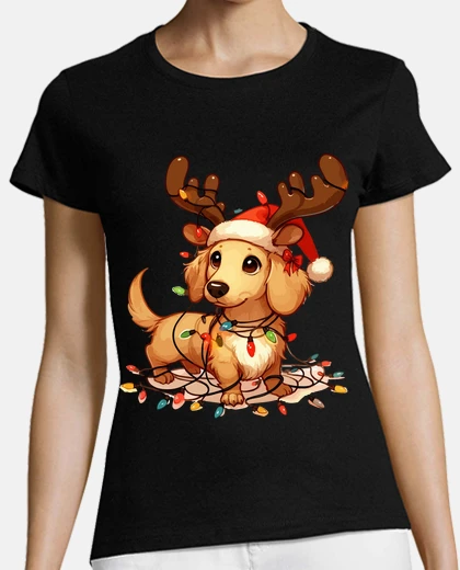 T-shirt Cream Dachshund Reindeer Christmas