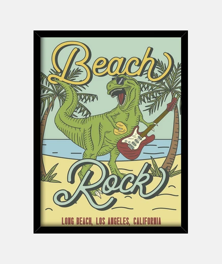 Cuadro Cuadro Rock and Roll Dinosaurio T-Rex Tocando Guitarra California Beach