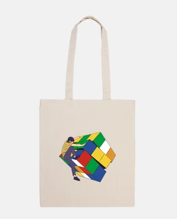 cubo de rubik subido por un hombre, bolso de mano, voluntad de salir de él,