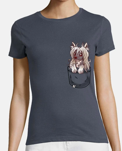 T-shirt cucciolo cinese crestato della tasca - camicia dei womans
